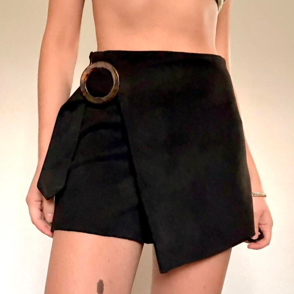 ZARA Black Faux Suede Wrap Skort with Oversized Ring Detail